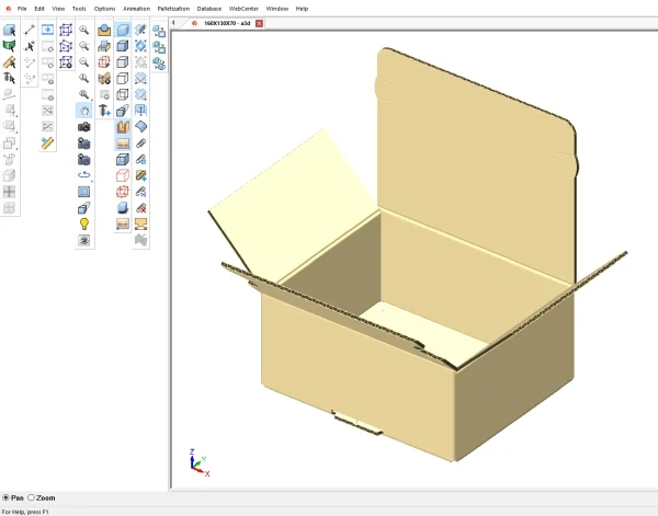 An approximately opened corrugated box shown in packaging design software